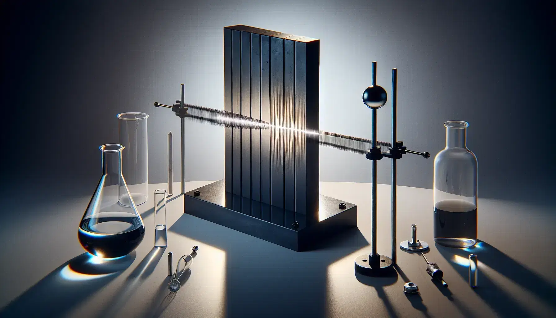 Laboratory double-slit experiment with light interference pattern, adjacent beaker with ripples, and a semi-circle of various glass lenses.