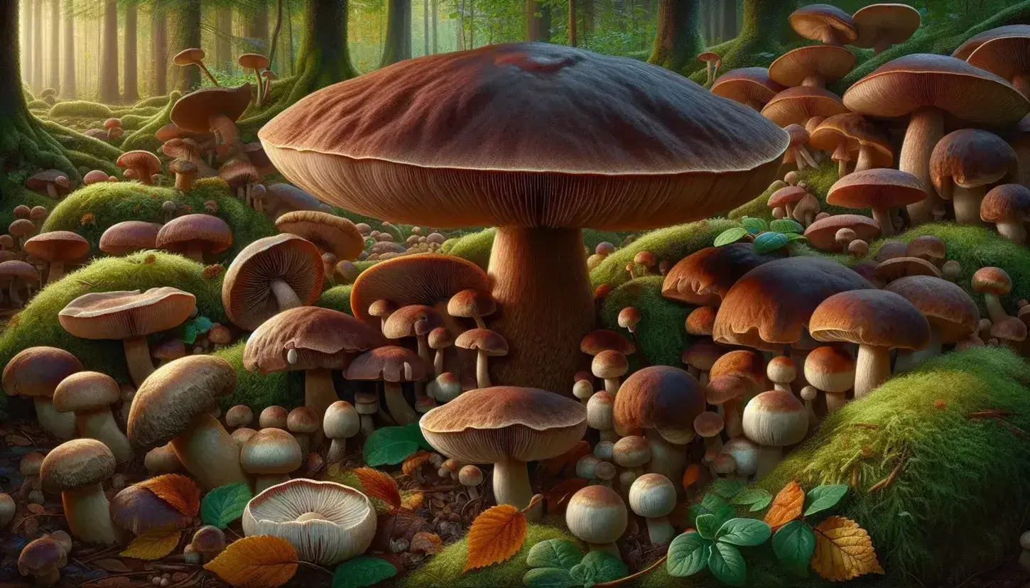 Lush forest floor with a variety of mushrooms, prominent earthy brown cap with cream gills, surrounded by delicate white fungi, green moss, and autumn leaves.
