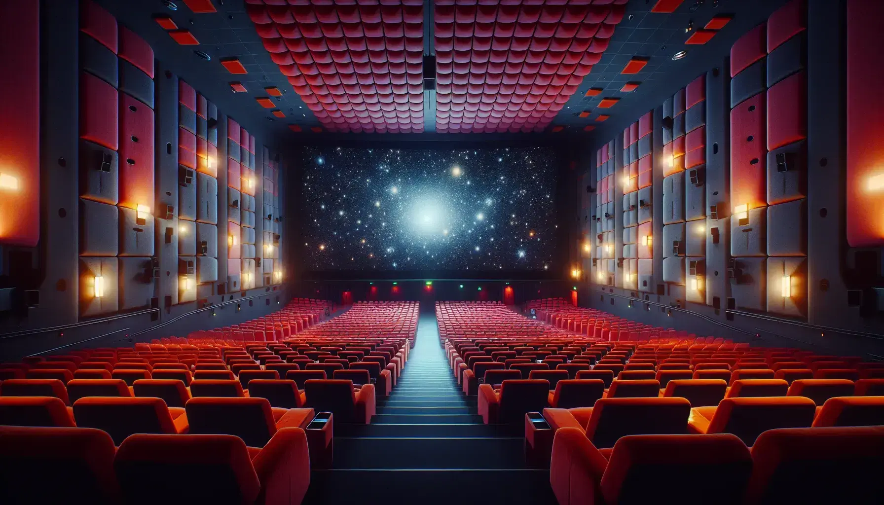 Sala cinematografica vuota con sedie rosse in velluto, schermo bianco grande e pannelli fonoassorbenti grigi, luci soffuse a soffitto.