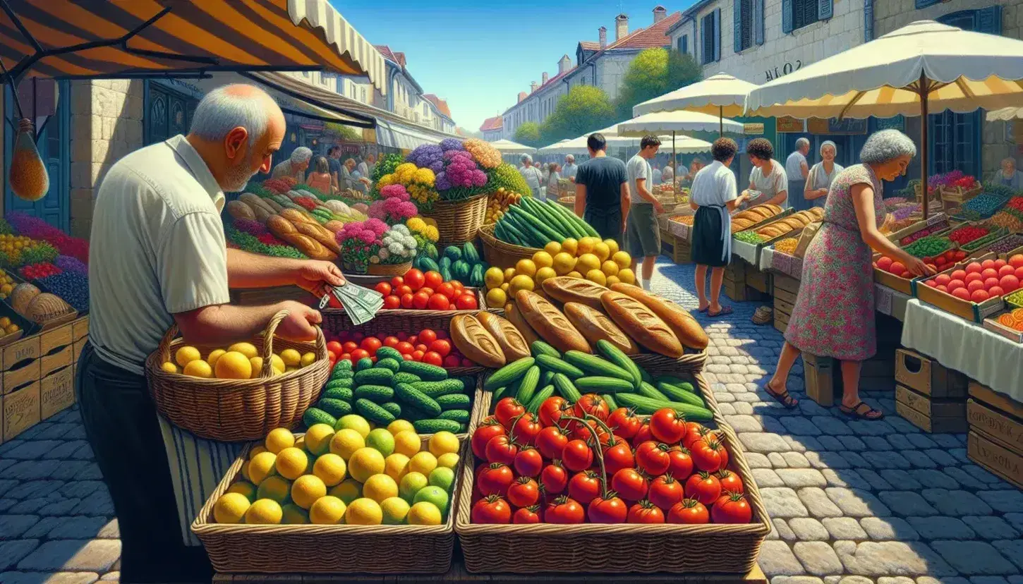 Outdoor market with fresh produce including tomatoes, cucumbers, lemons in baskets, vendor selling to customer, bread and flower stalls, under a clear blue sky.