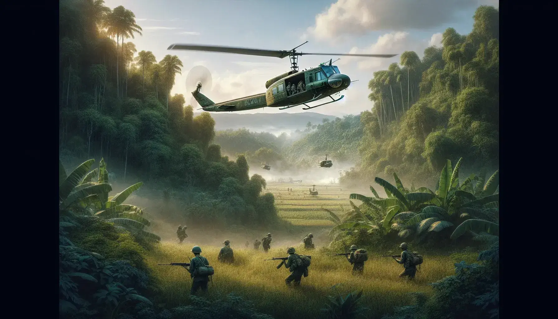 Elicottero militare UH-1 Iroquois in volo su paesaggio rurale vietnamita con soldati in mimetica tra la vegetazione.
