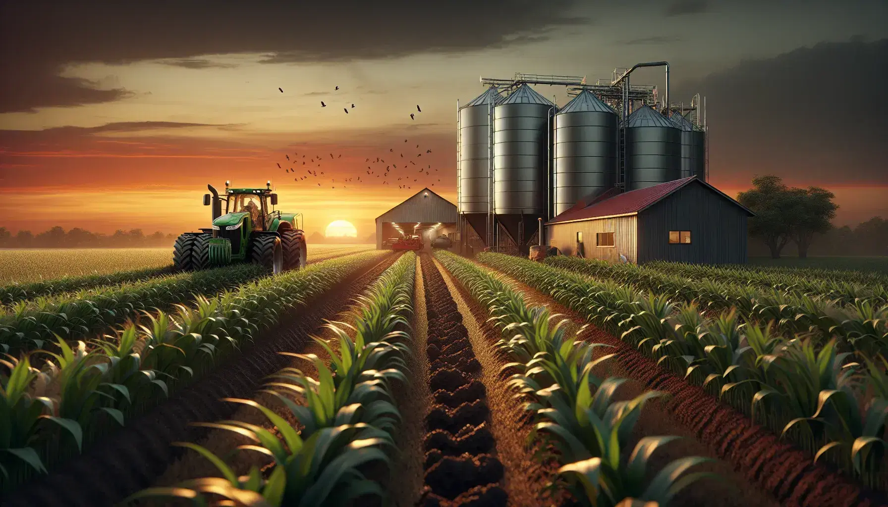 Campo agricolo al tramonto con trattore che lavora il terreno, piante rigogliose in primo piano e silos metallici sullo sfondo sotto un cielo infuocato.