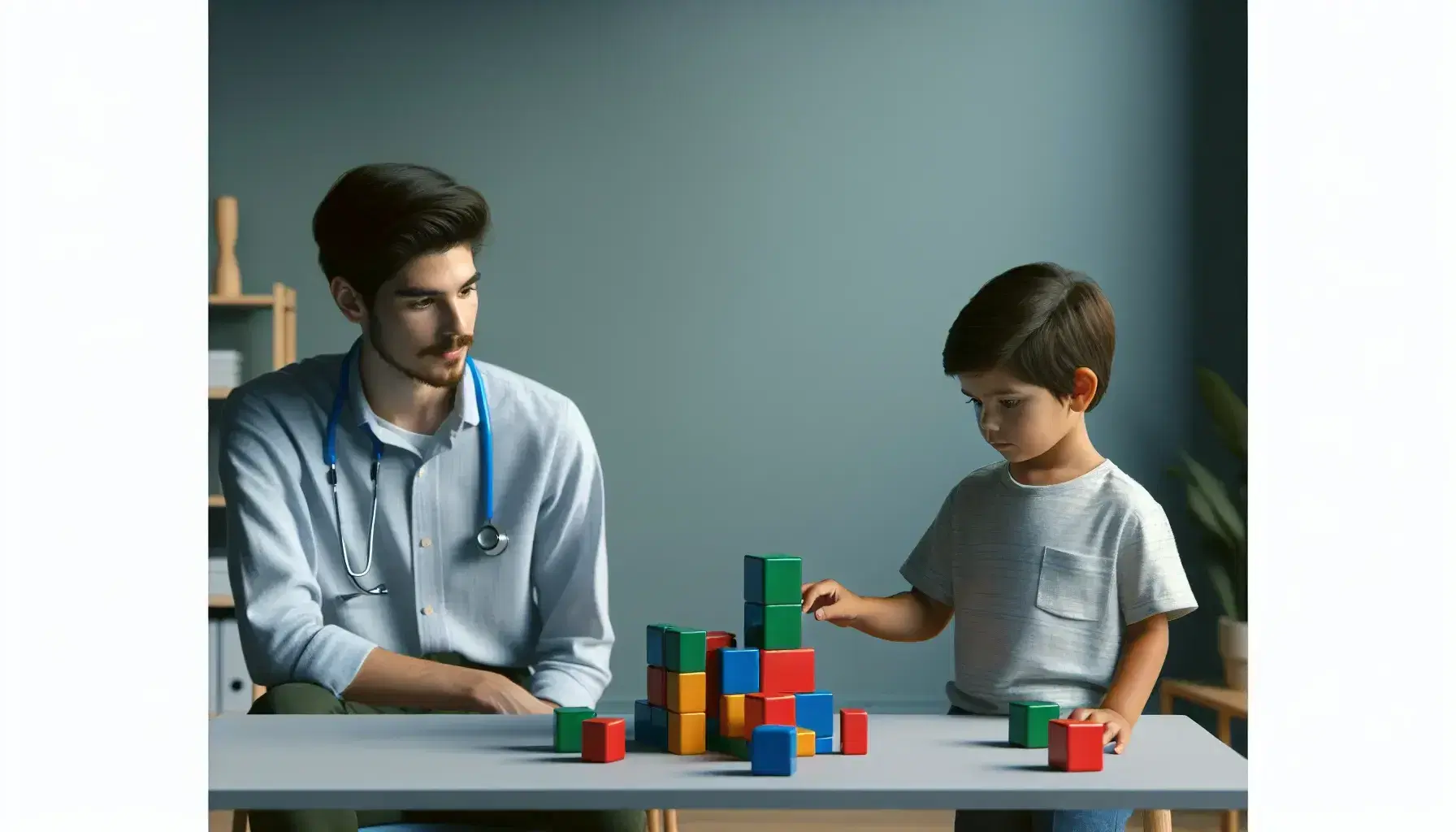 Hispanic boy engaging in behavioral therapy with colored blocks under the watchful gaze of a healthcare professional in serene clinical setting.