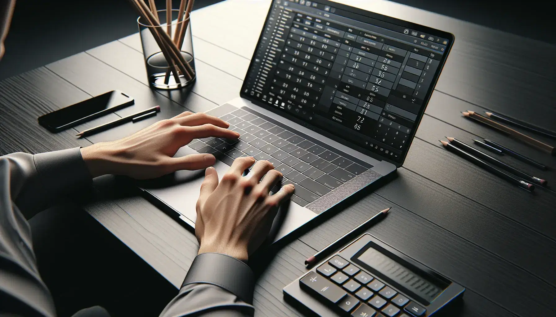 Hands typing on modern laptop keyboard on dark wooden desk, next to black calculator and glass of pencils, with blurry green plant in background.