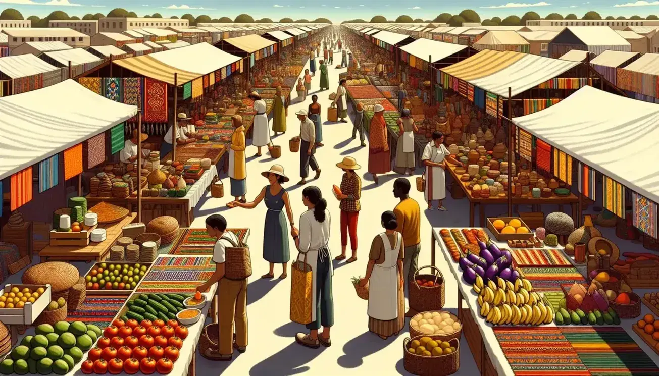 Bustling outdoor market with fresh produce, colorful textiles, and handcrafted pottery, under a clear blue sky, capturing the essence of diverse cultural commerce.