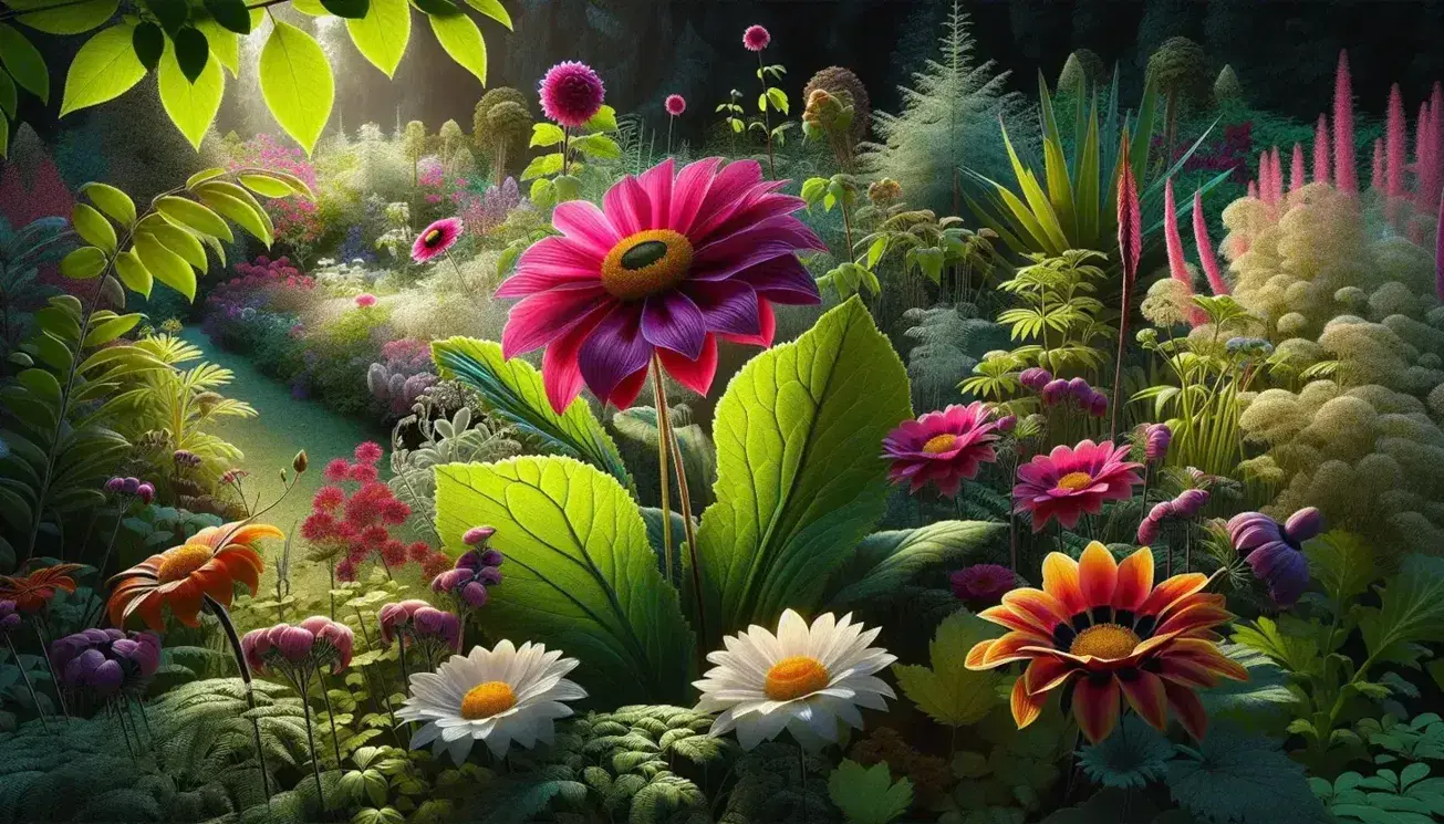 Jardín botánico con flores de angiospermas, destacando una con pétalos fucsia y centro amarillo, otras blancas y rojas con follaje verde variado.