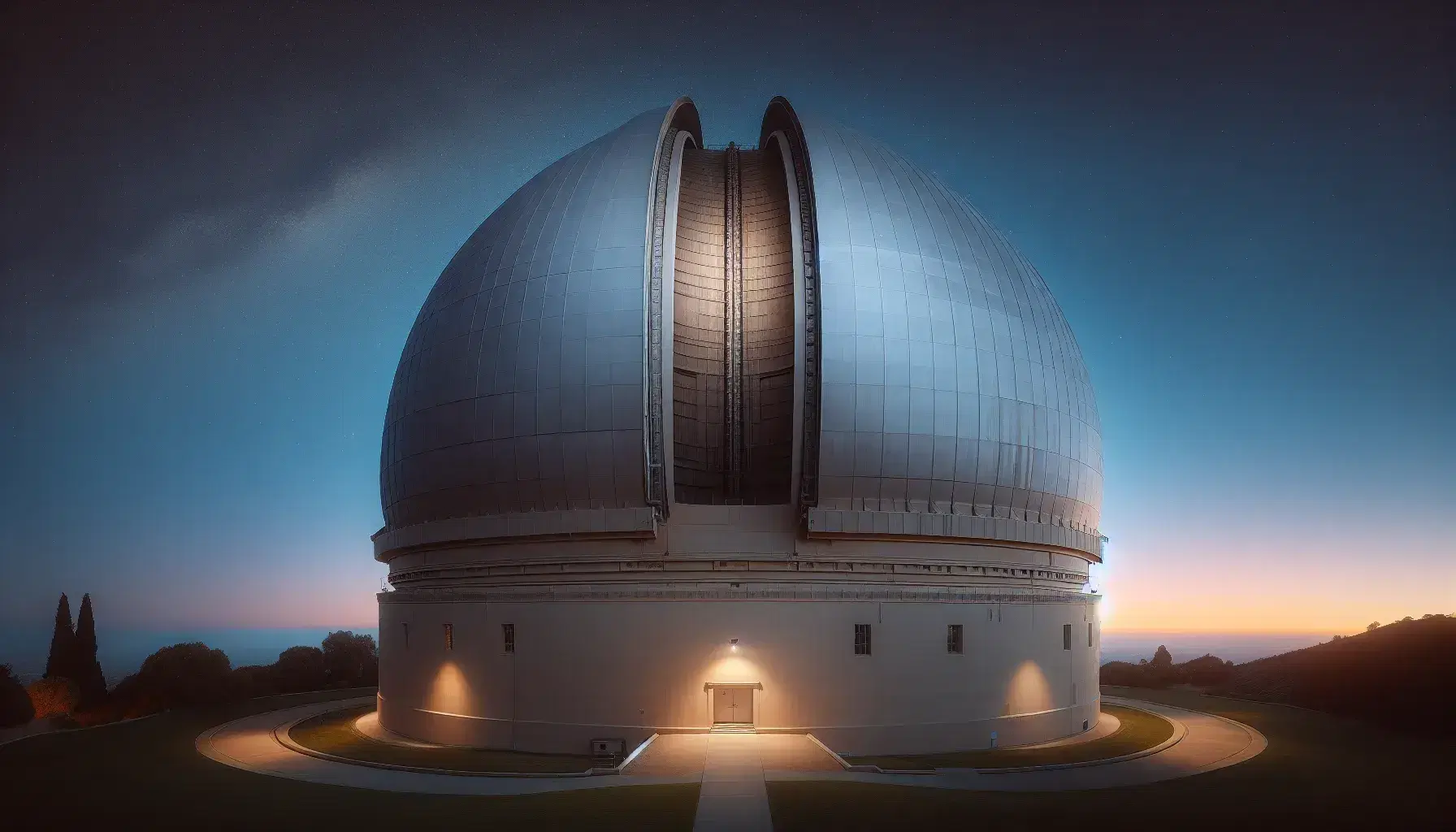 Historic observatory with dome and telescope visible from a slit, under a clear twilight sky with first stars, surrounded by green hedges.