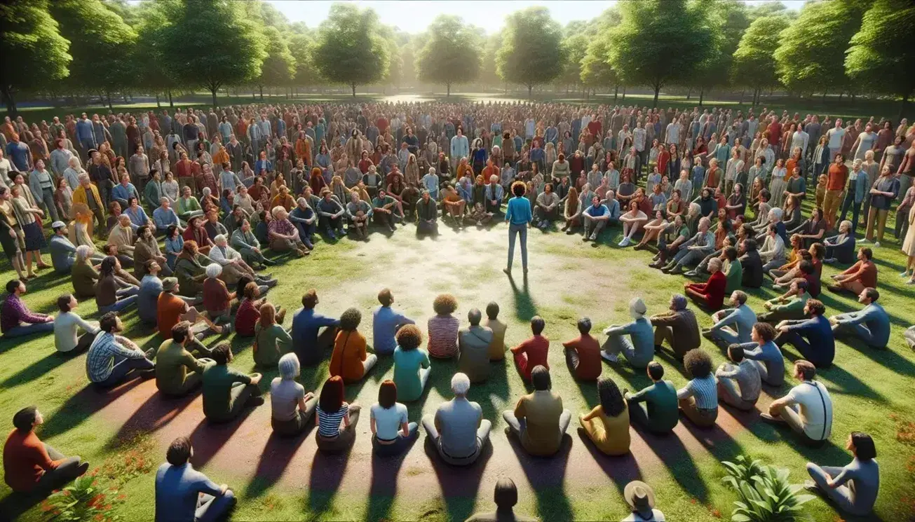 Grupo diverso de personas en parque participando en reunión al aire libre, centradas en un orador con árboles verdes de fondo.
