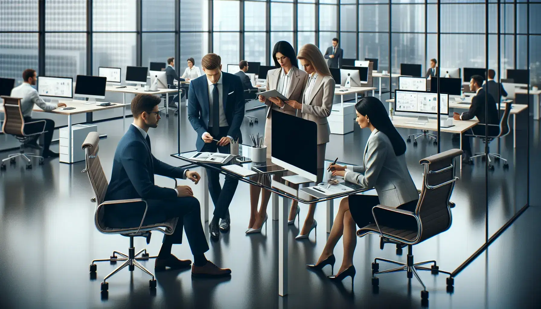 Diverse team collaborates around glass table in a bright, modern office with rows of desks, computers, and city views through large windows.