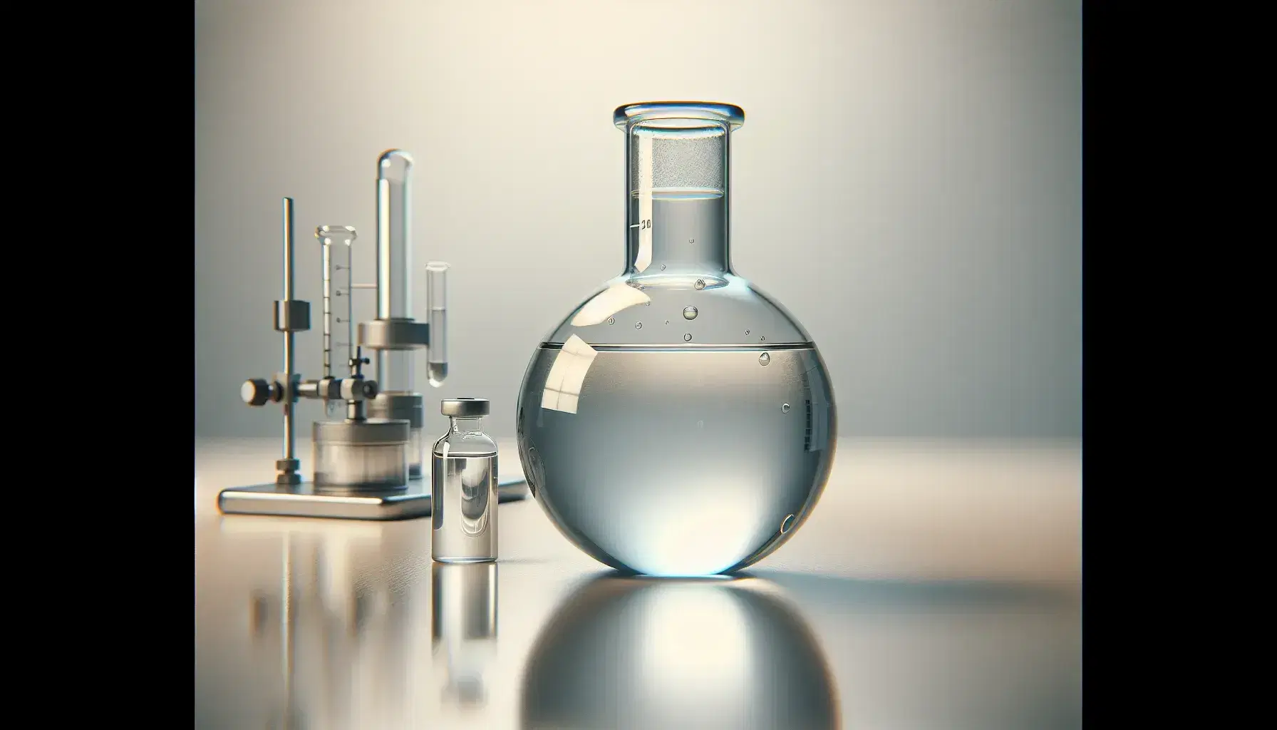 Glass flask with colorless liquid on reflective surface in laboratory, with vial and blurred equipment in background.