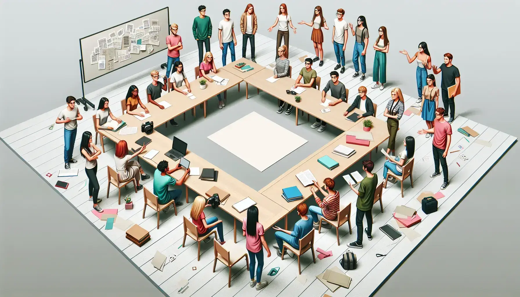 Grupo de estudiantes diversos colaborando en un proyecto alrededor de una mesa con papeles y un estudiante tomando fotos.
