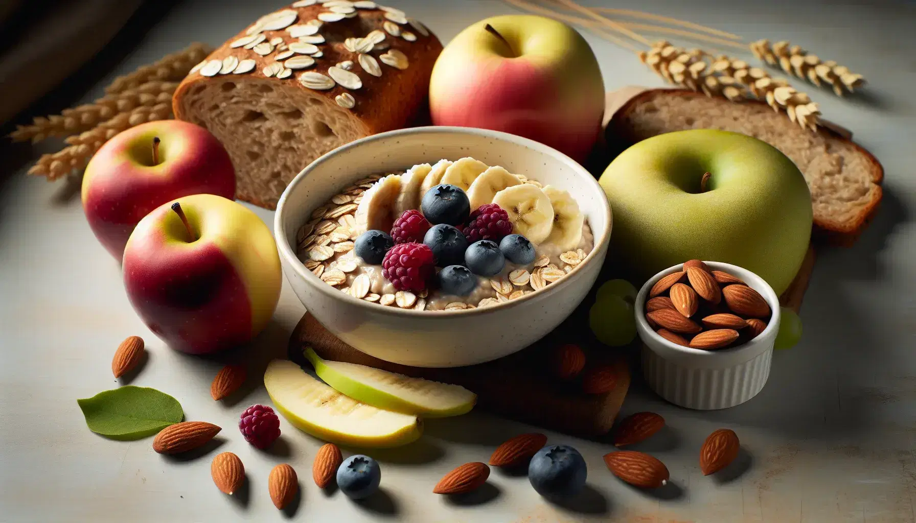 Desayuno saludable con avena cocida, rodajas de banana, frutos rojos, pan integral, almendras, manzana roja y racimo de uvas verdes en superficie de madera.