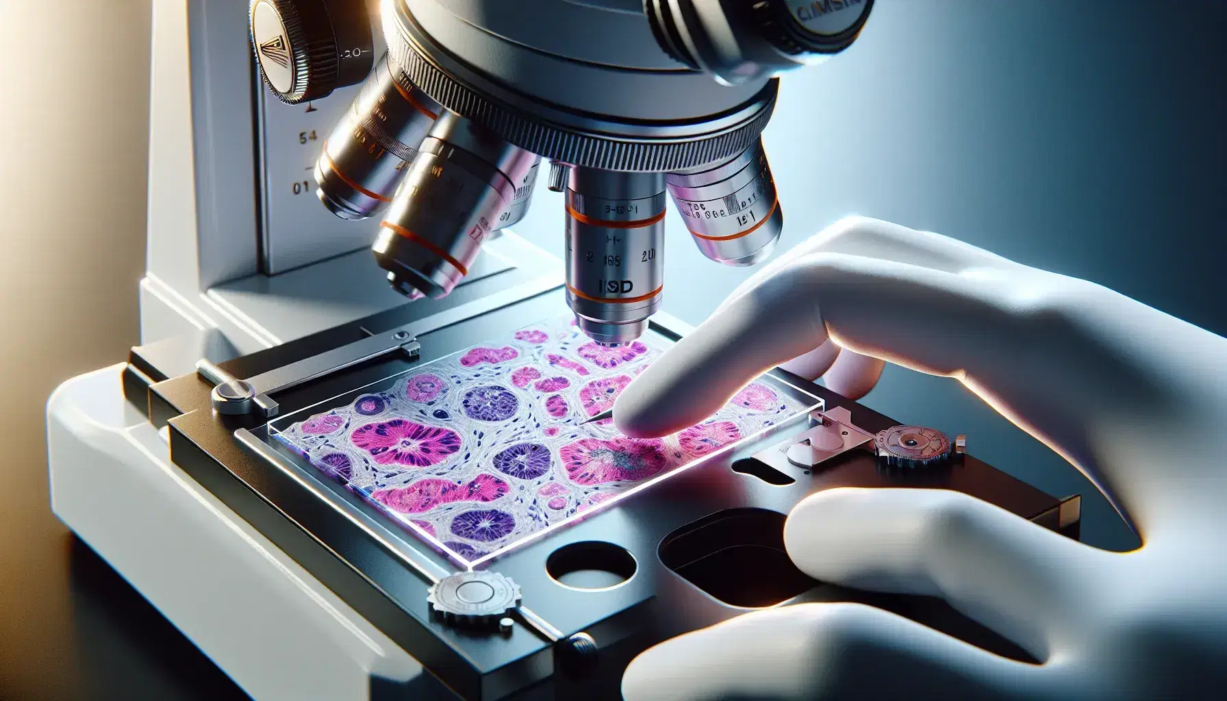 Bright field microscopy with stained tissue sample on slide, hands in white gloves adjusting focus on compound light microscope, no visible text.