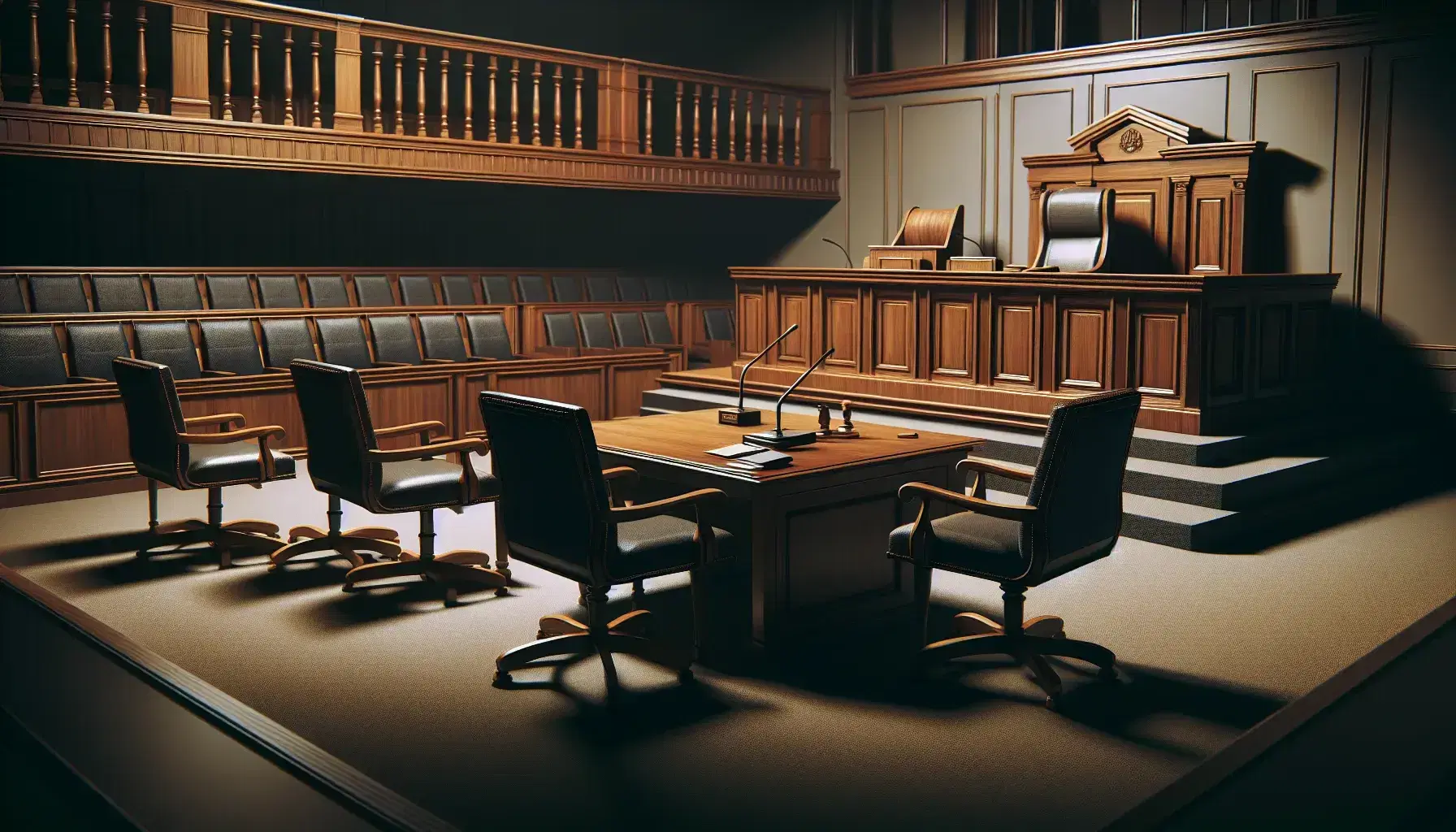 Courtroom with wooden judge's bench, empty chair, witness stand with microphone, table for lawyers and benches for spectators.