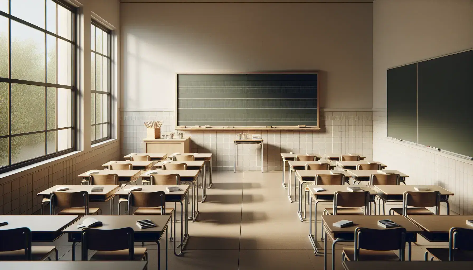 Aula vuota con banchi ordinati verso lavagna vuota, gessetti e cancellino sul ripiano, finestra aperta e luce naturale.
