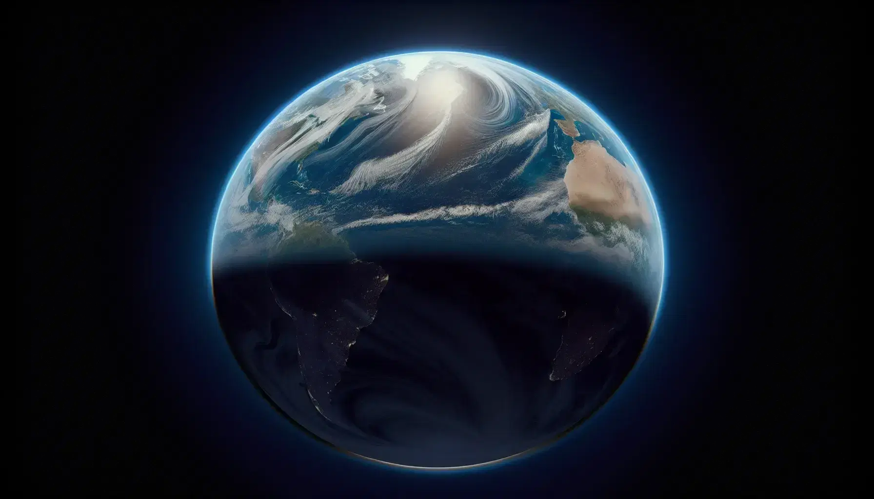 Vista panorámica de la Tierra desde el espacio con atmósfera azulada, superficie terrestre y sin nubes ni actividad humana visible.