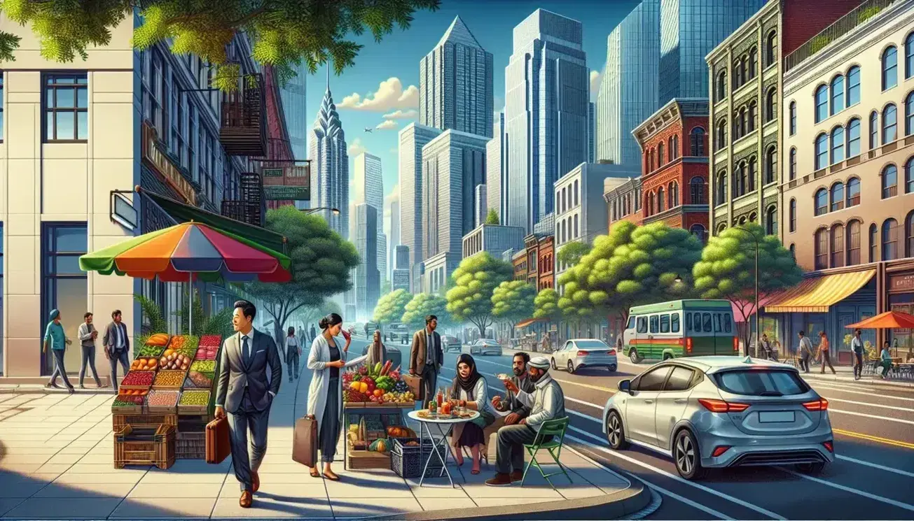 Lively urban scene with Asian man in suit, black woman fruit seller, middle eastern couple at outdoor cafe, modern skyscrapers and green trees.