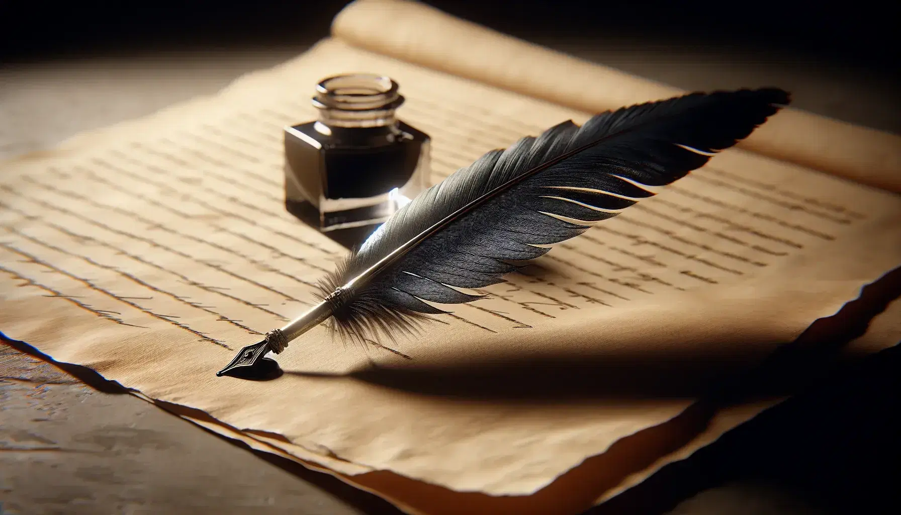 Traditional quill pen with ink tip on blank parchment paper beside a glass inkwell, on a wooden table, illuminated by natural light.