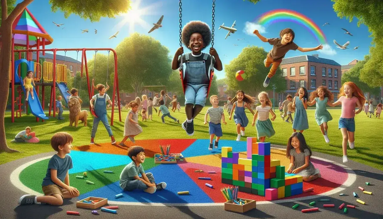 Niños diversos jugando en parque soleado con columpio, carrusel, bloques de espuma, trampolín y dibujos con tiza en un día claro.