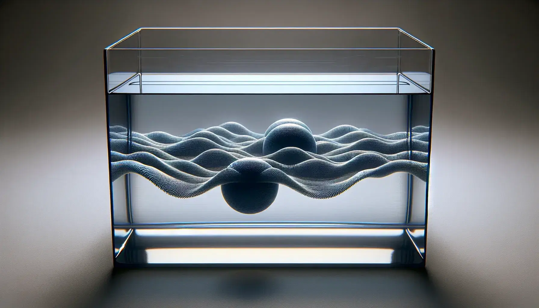 Two spherical objects creating intersecting ripple patterns in a water-filled glass tank against a neutral gray background.