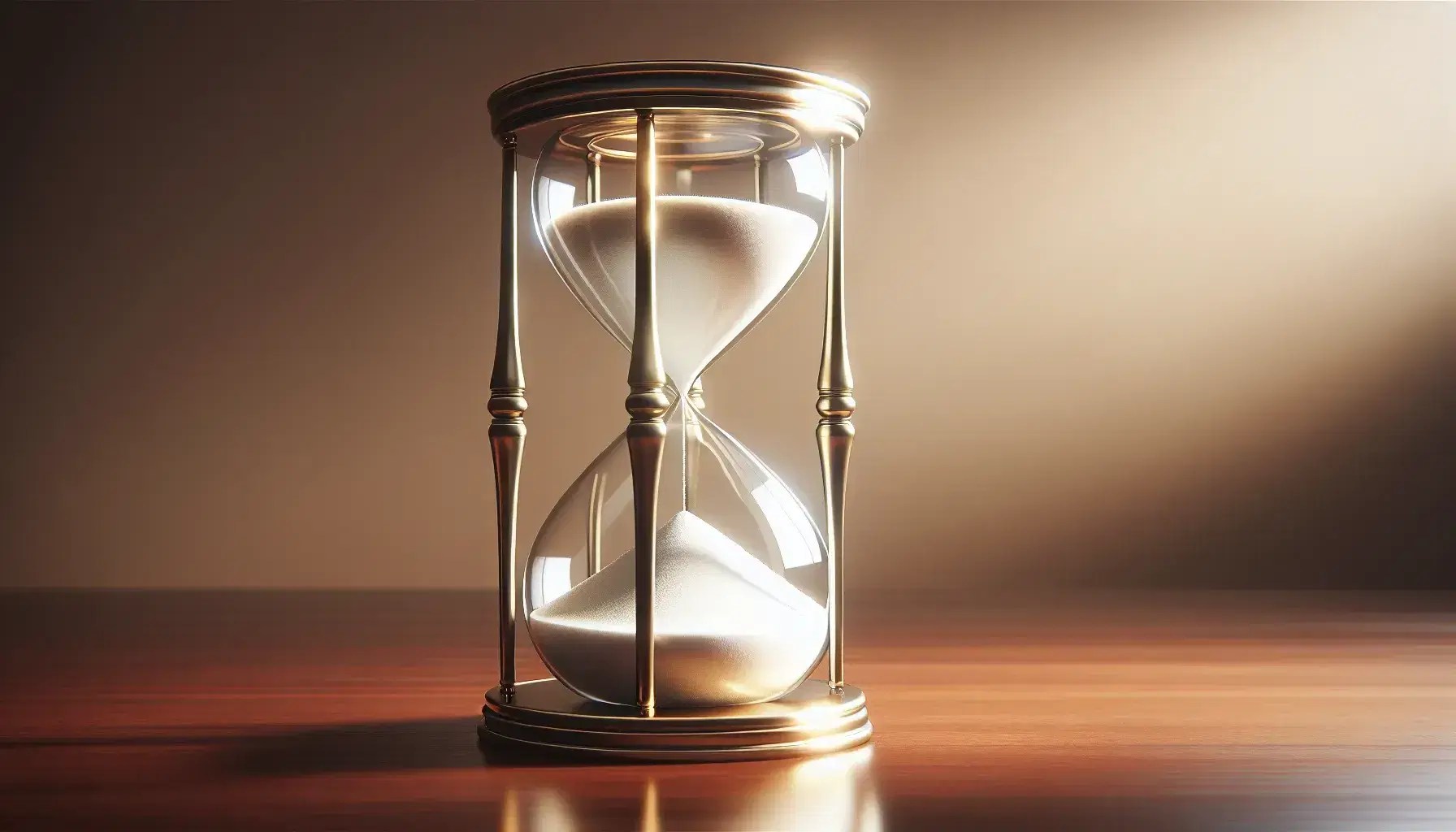 Elegant hourglass with white sand on a dark wooden surface, golden frame, two-thirds full upper bulb, soft gradient background.