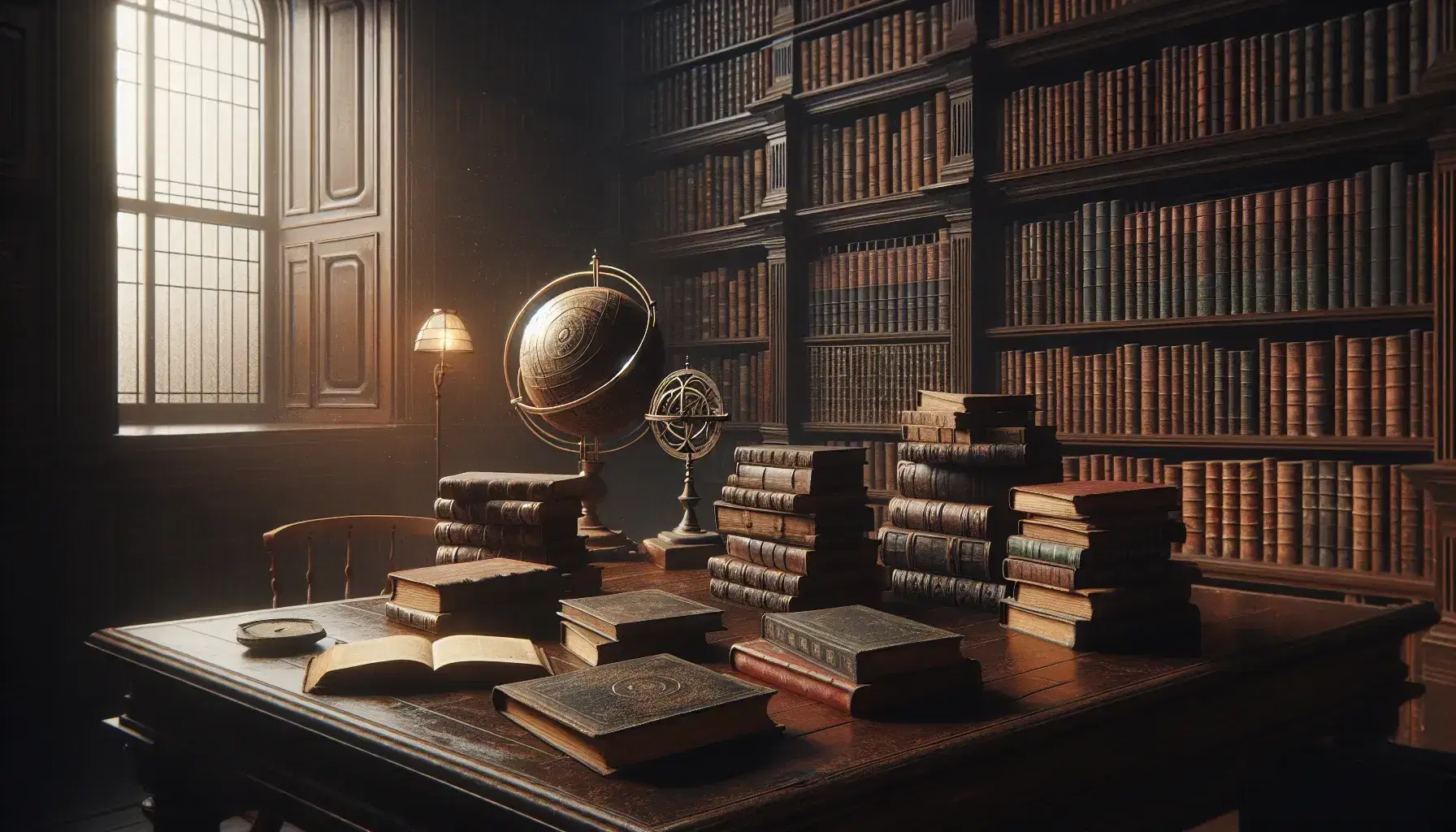 Biblioteca antigua con estanterías de madera oscura llenas de libros, mesa central con libros abiertos, esfera armilar y globo antiguo, iluminada por lámpara de pie y luz natural.