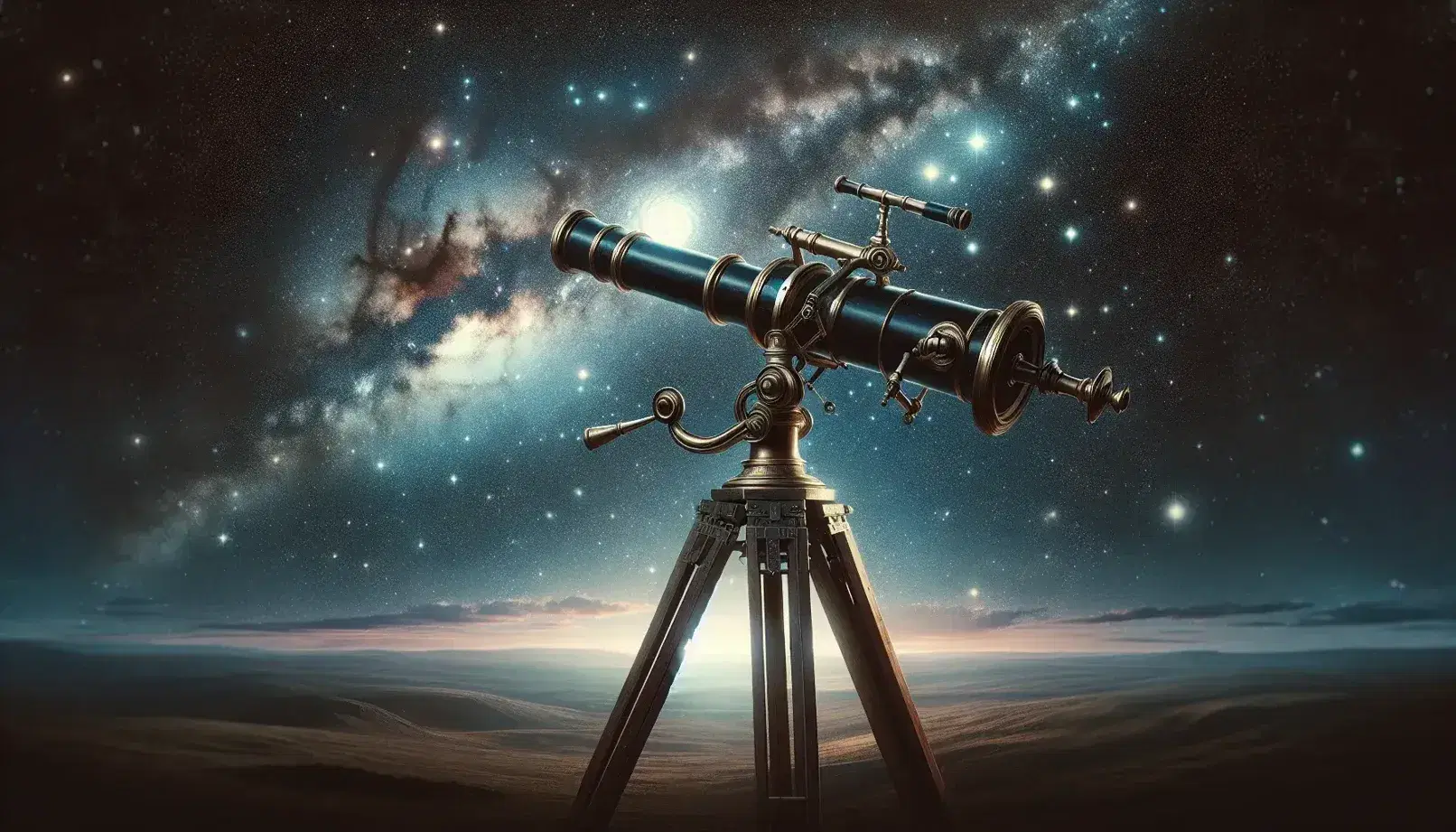 Telescopio astronomico antico su treppiede in legno e metallo puntato verso un cielo stellato con galassia a spirale e silhouette di una collina.