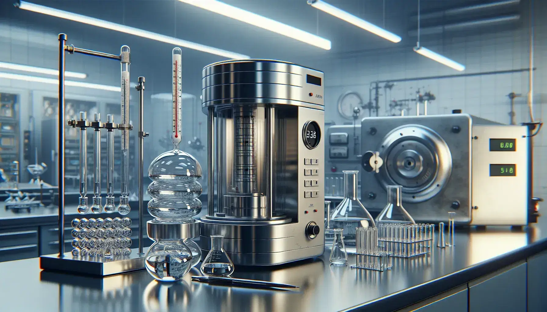 Laboratorio scientifico con strumenti termici, calorimetro metallico al centro, termometro a mercurio e becher di vetro, senza persone.