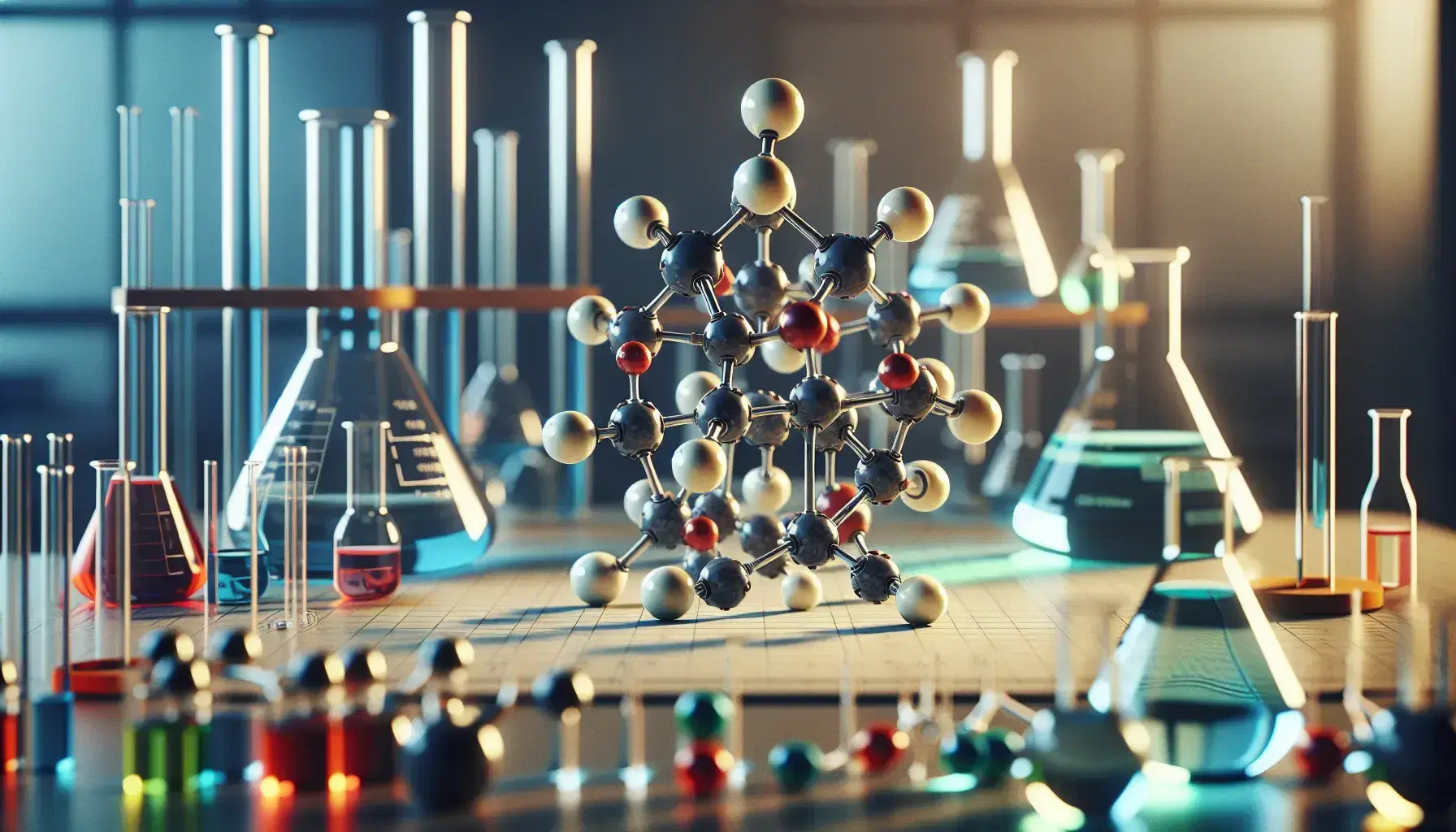 Three-dimensional molecular model with multicolored atoms linked by bonds in a laboratory, surrounded by scientific glassware on a benchtop.