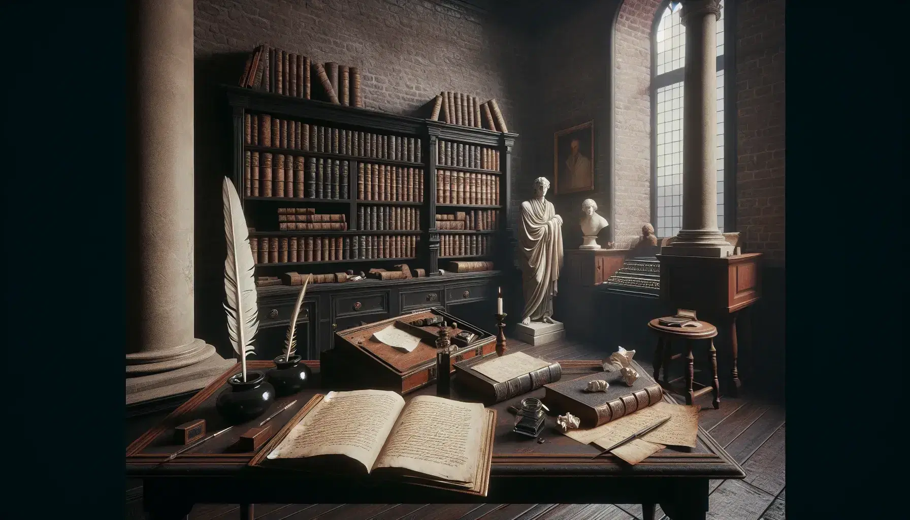 Studio antico con scrivania in legno, penna d'oca, libro rilegato, scaffale di libri, statua marmorea e tricorno nero in stile Rivoluzione Francese.