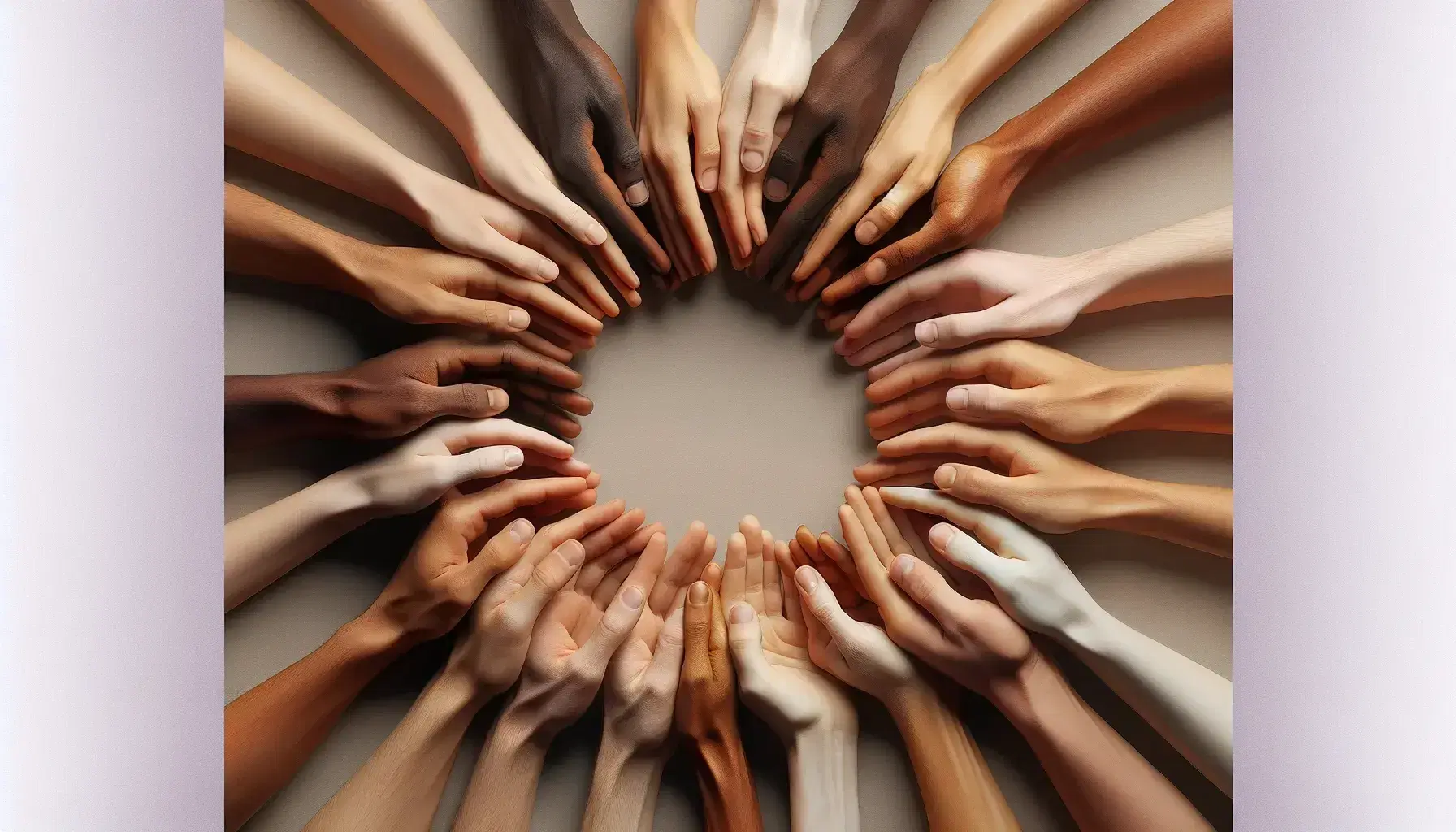 Mani unite in cerchio mostrano diversità etnica su sfondo neutro, simboleggiando unità e armonia.
