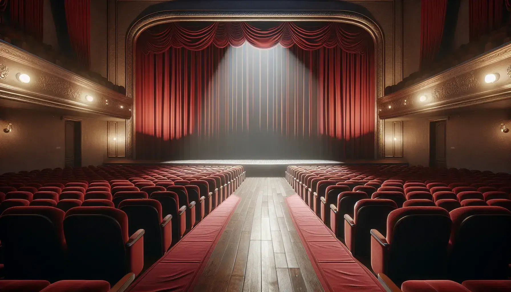 Escenario de teatro vacío con asientos de terciopelo rojo en primer plano, cortinas a juego al fondo y luces cálidas iluminando la tarima de madera.