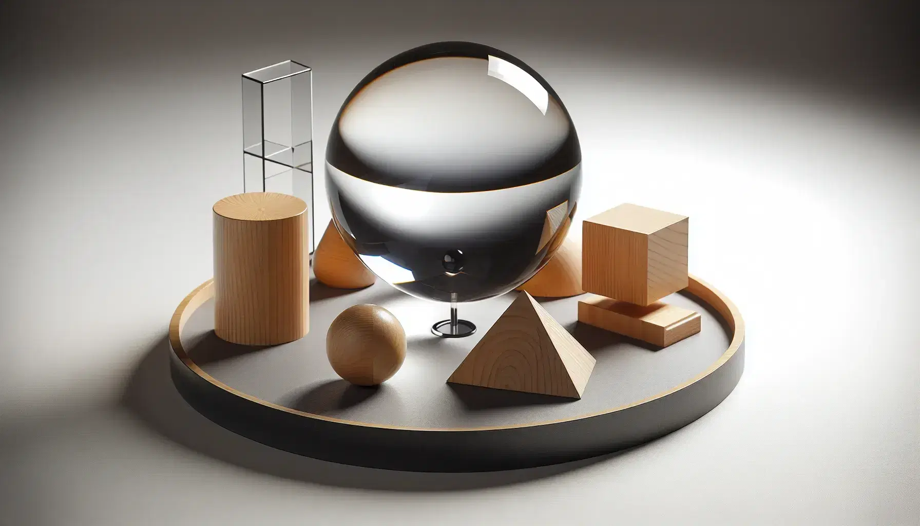 Transparent glass sphere on a matte black platform with wooden geometric shapes and a silver compass, reflecting soft shadows from a light source.