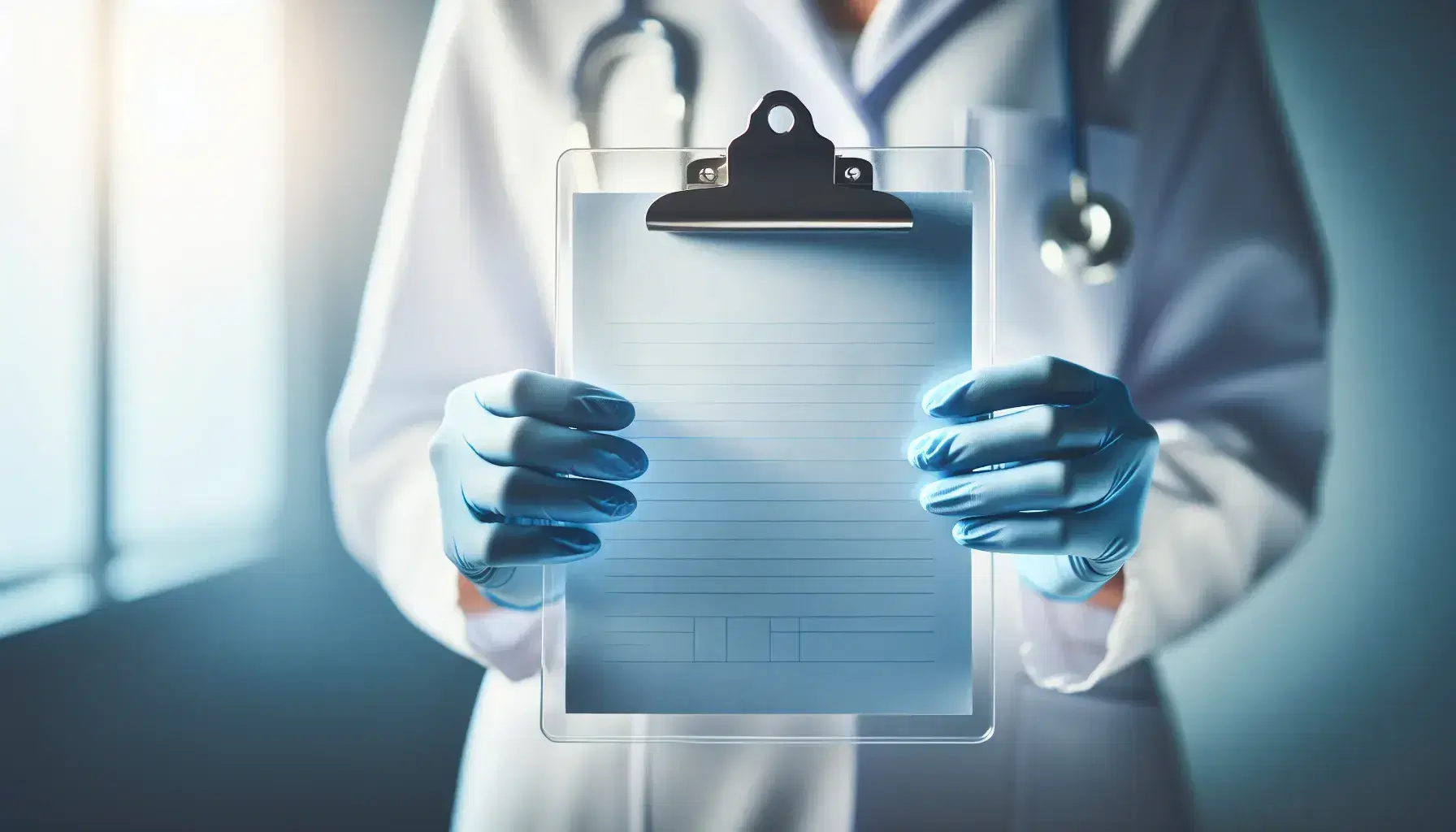 Healthcare professional's hands in blue gloves holding a blank clipboard, suggesting a sterile medical environment with a blurred clinical backdrop.