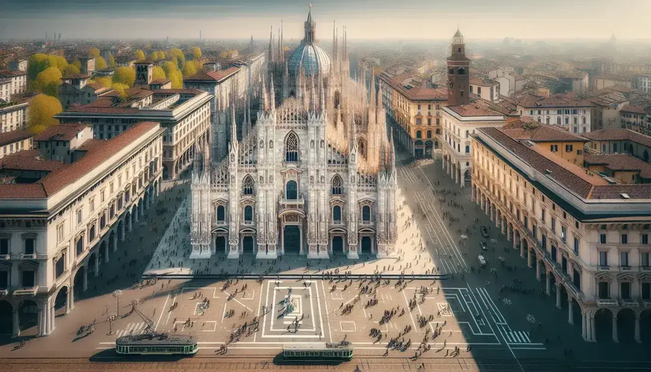 Vista panoramica del Duomo di Milano e dei tetti rossi circostanti sotto un cielo azzurro, con persone e tram verde in lontananza.