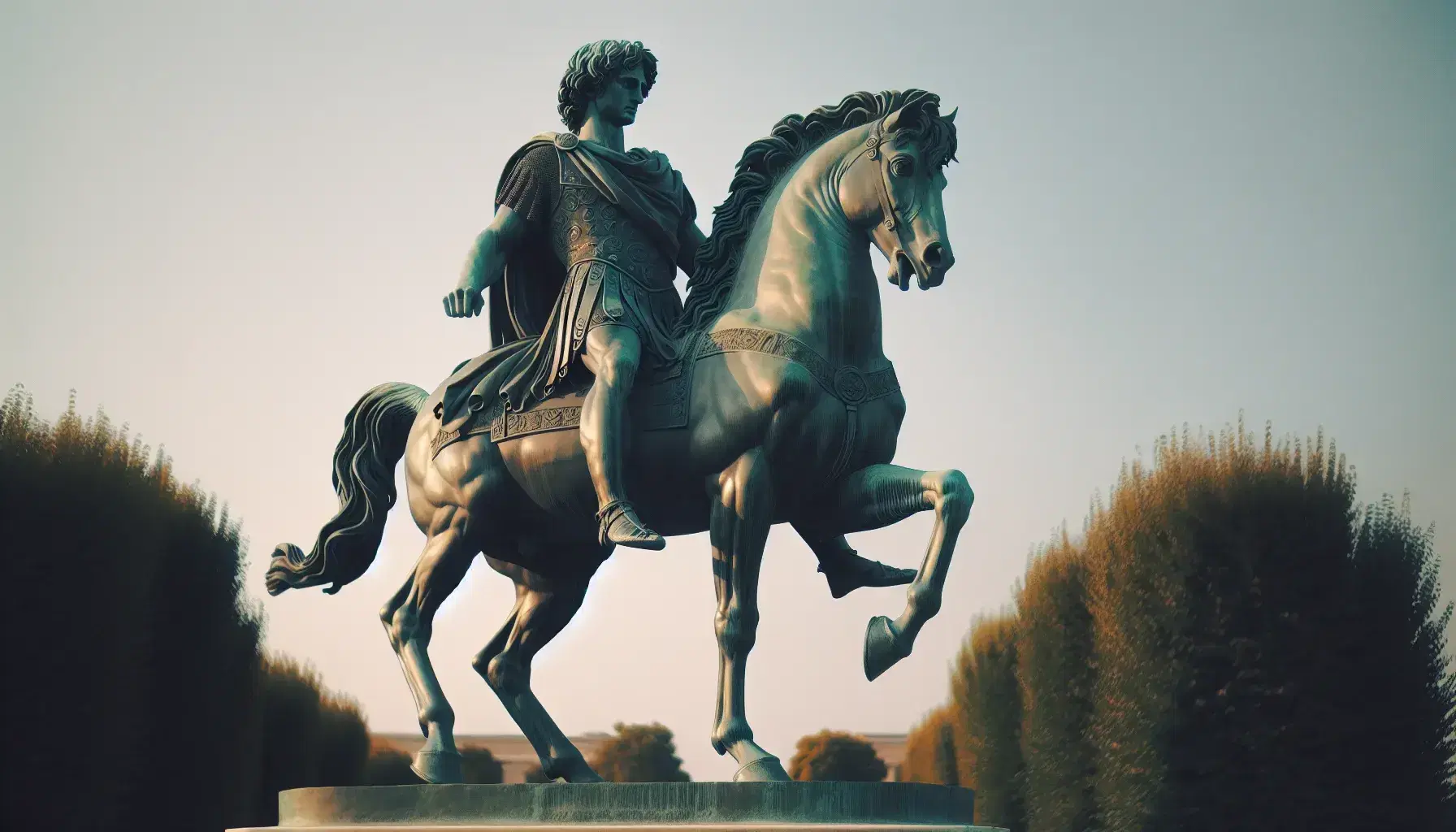 Statua in bronzo di figura maschile eroica a cavallo, in armatura classica, su base di pietra in parco con alberi sfocati.