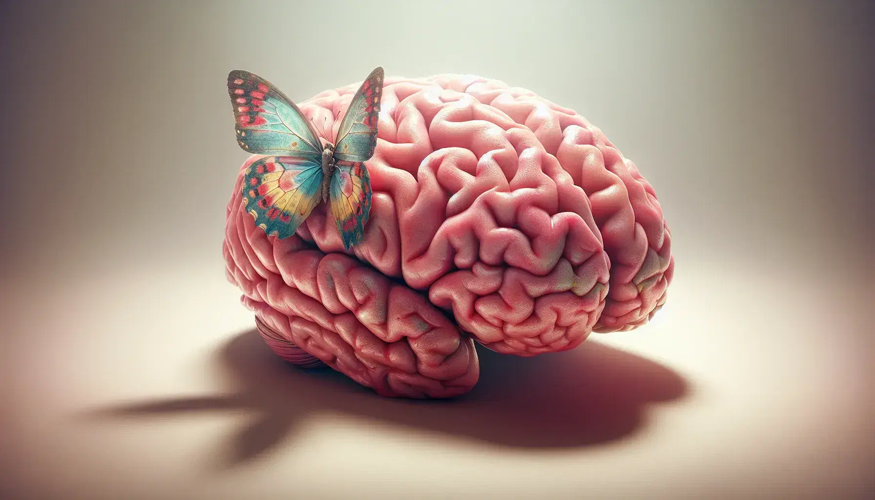 Cerebro humano detallado en tonos rosas con mariposa colorida posada en la región frontal, destacando texturas y sombras suaves.