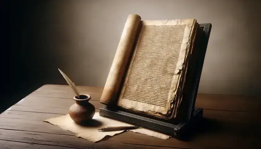 Manoscritto antico su leggio in legno scuro, con penna d'oca e calamaio in terracotta su tavolo usurato, in ambiente dall'atmosfera storica.