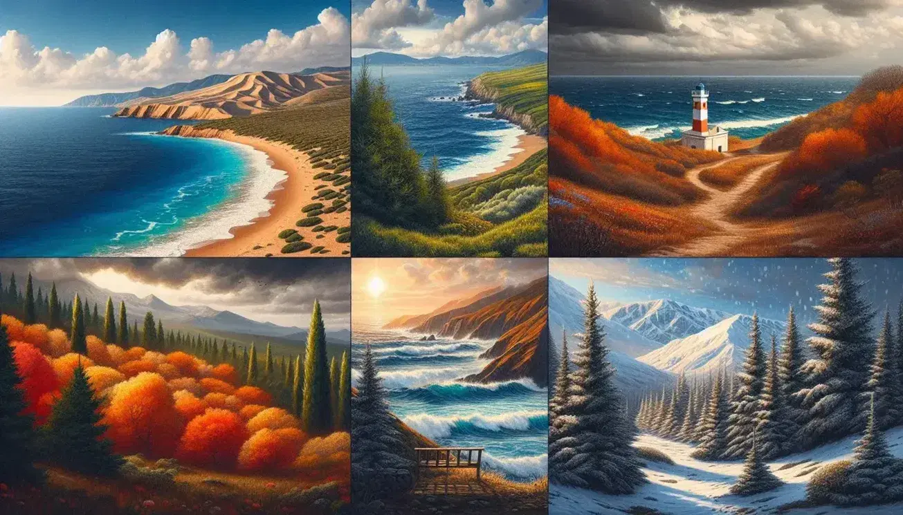 Collage di paesaggi europei con spiaggia mediterranea, scogliera atlantica con faro, foresta continentale autunnale e tundra subpolare innevata con renne.