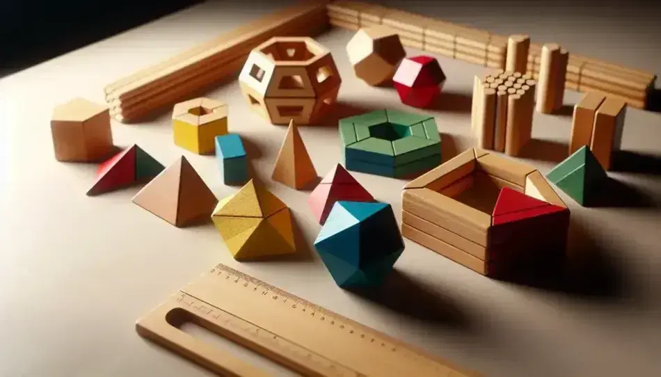 Conjunto de figuras geométricas de madera en colores variados con regla, incluyendo hexágono verde, pentágono azul, cuadrado rojo y triángulo amarillo sobre superficie clara.