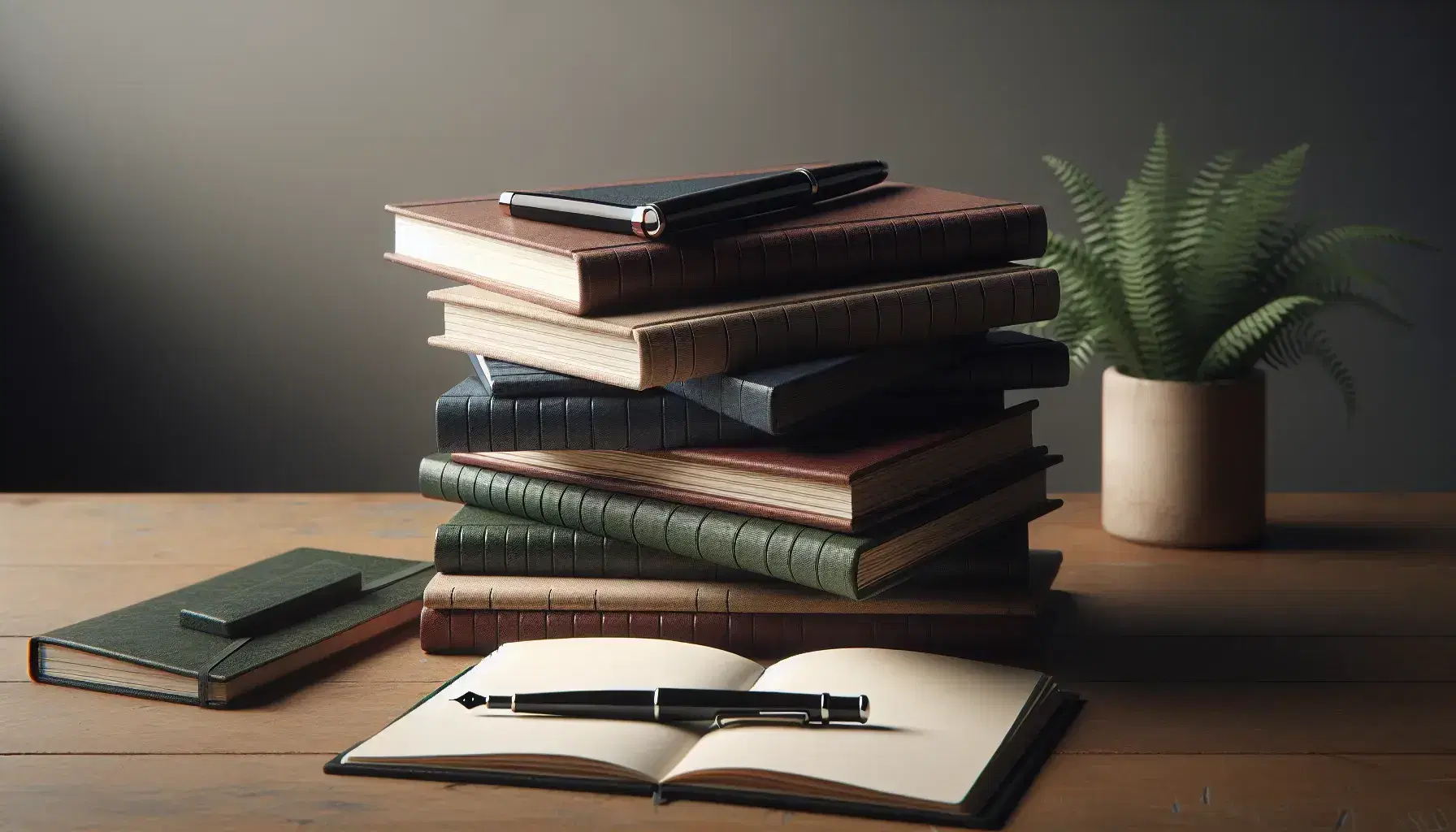 Stack of hardcover books in muted colors on a wooden table, with an open notebook and black fountain pen beside a potted plant, in a warmly lit setting.