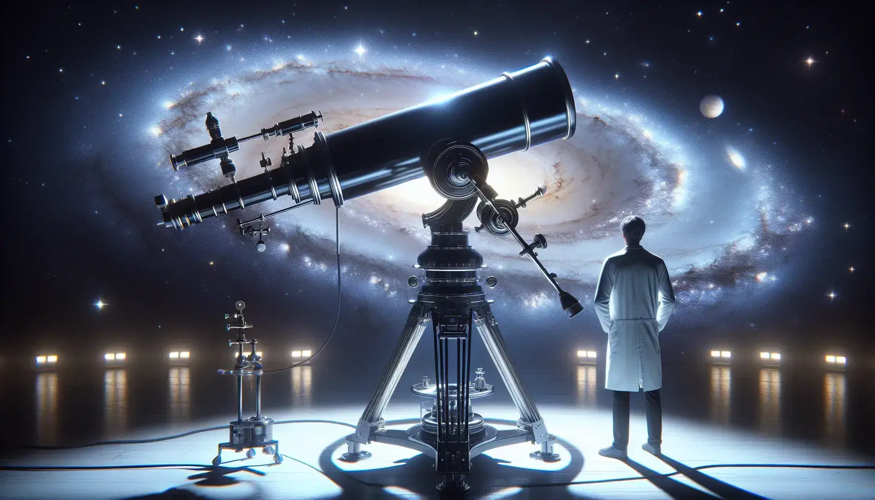 Telescopio astronómico negro sobre trípode metálico apuntando al cielo nocturno estrellado con galaxia espiral y figura humana en bata de laboratorio observando.