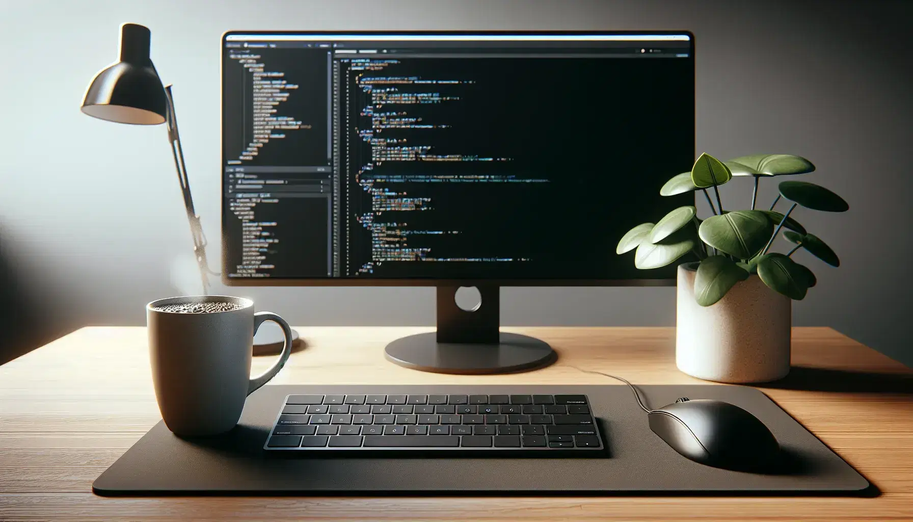 Modern workspace for programming with black keyboard, mouse, cup of coffee, monitor with IDE and green plant on wooden desk.