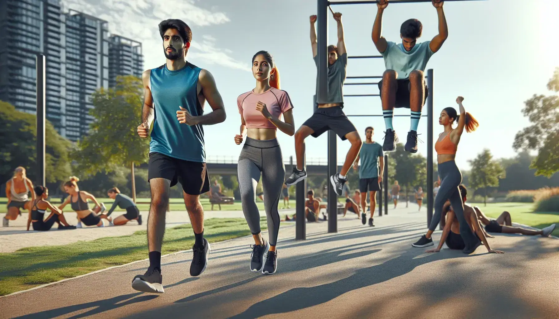Grupo diverso de personas haciendo ejercicio al aire libre en un parque soleado, corriendo y estirando en un entorno natural tranquilo.