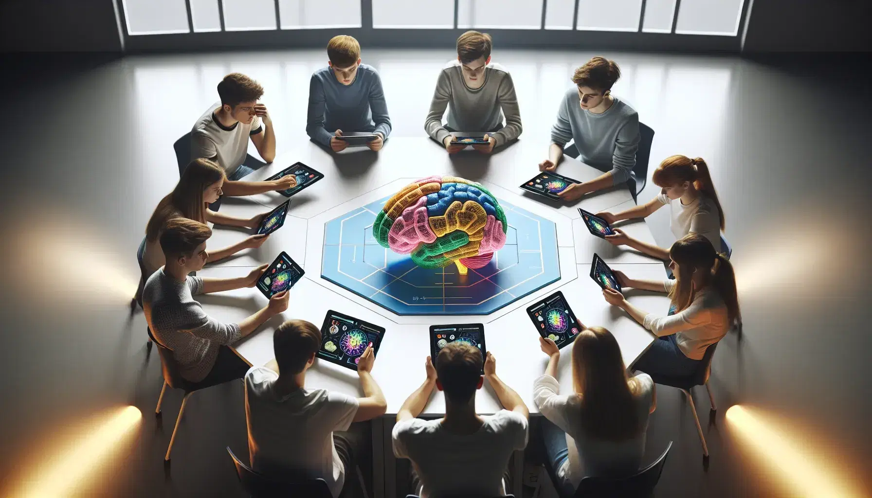 Estudiantes de diversas edades concentrados en tabletas digitales alrededor de una mesa hexagonal con un modelo anatómico del cerebro humano en el centro, en un aula con iluminación difusa.