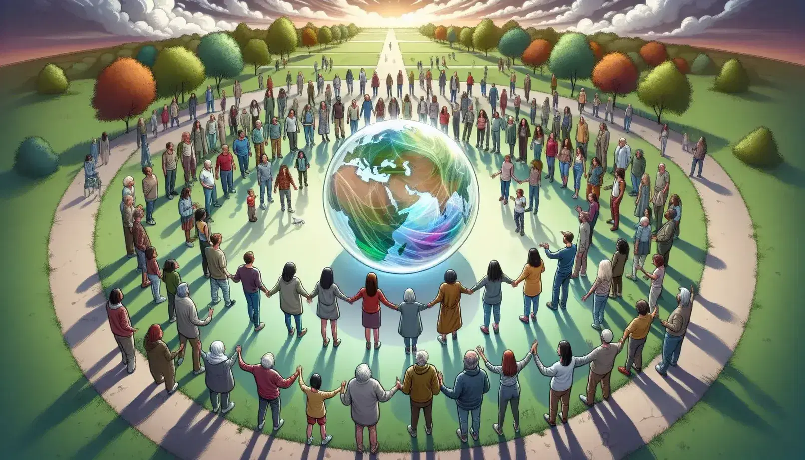 Grupo diverso de personas en círculo alrededor de una esfera transparente en un parque otoñal, con expresiones variadas y extendiendo las manos hacia el centro sin tocarse.