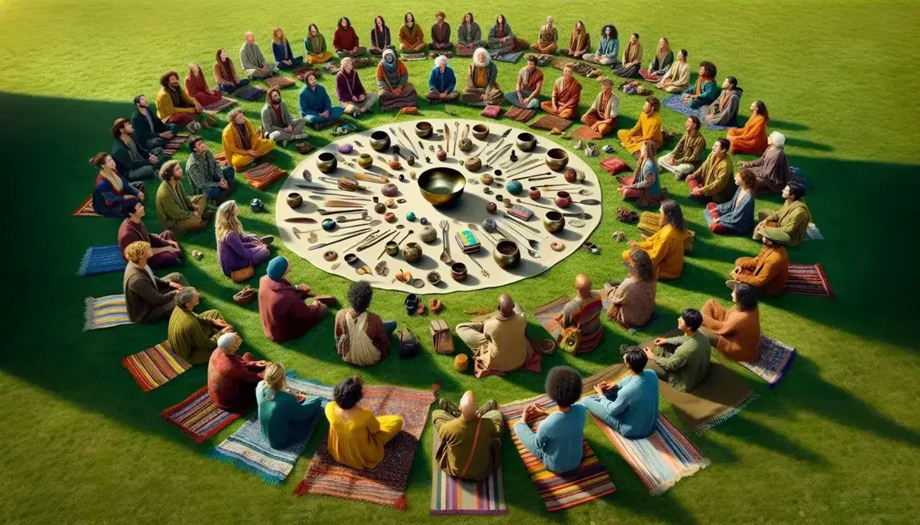 Círculo de personas diversas sentadas en cojines coloridos al aire libre, con objetos ceremoniales en el centro, bajo un cielo azul con árboles al fondo.