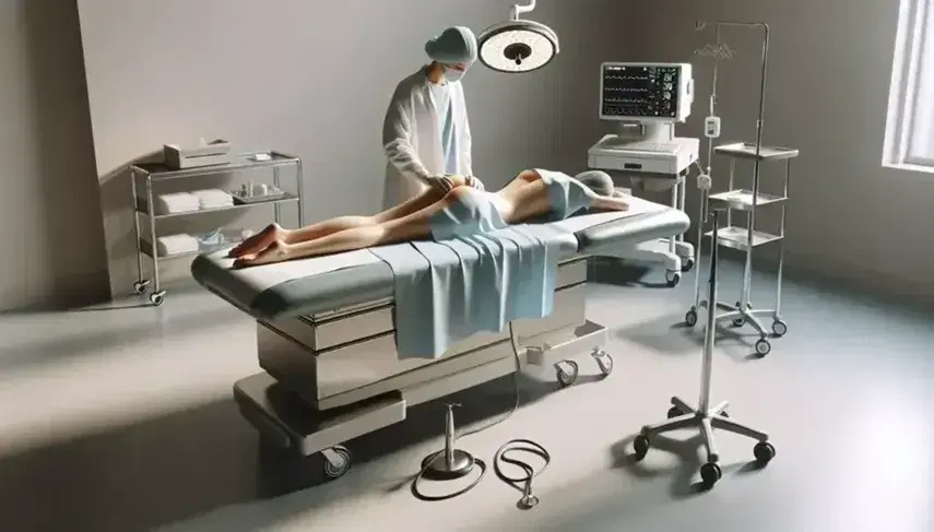 Profesional de la salud realizando palpación abdominal a paciente en camilla de examen, con monitor de signos vitales y carro médico al fondo en clínica.