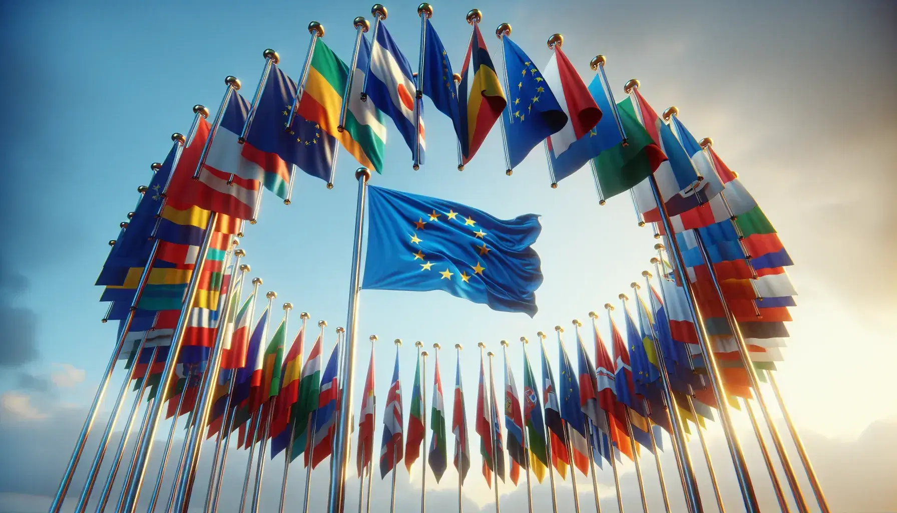 Bandiere nazionali dell'Unione Europea disposte in cerchio con al centro la bandiera UE, su sfondo cielo azzurro.