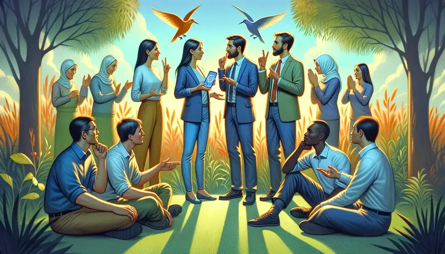 Group of people in conversation outdoors, Caucasian man explains to Hispanic woman, two use sign language, Asian shows smartphone to black person.
